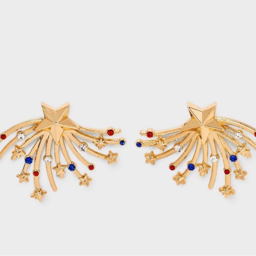 BaubleBar Gold Starburst Earrings with Red and Blue Details